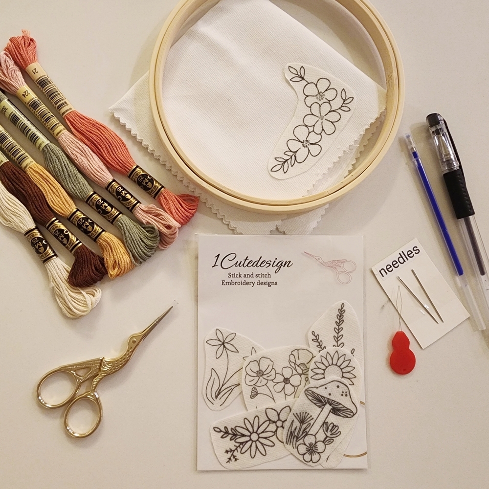 Embroidery kit with stick and stitch patterns